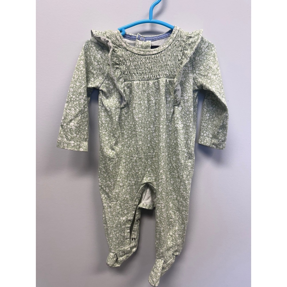 7 For All Mankind Baby Girls Sage Green Floral Smocked Ruffle Romper 3-6M